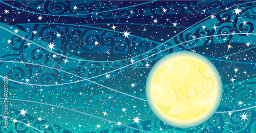 Vector night sky with stars, yellow moon and milky way