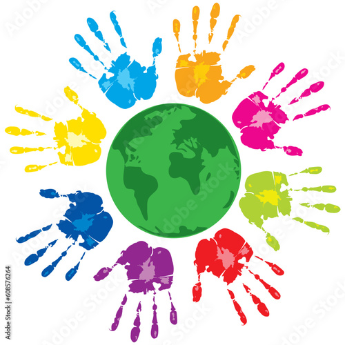 Vector with group of colored human hands and green planet on a white background