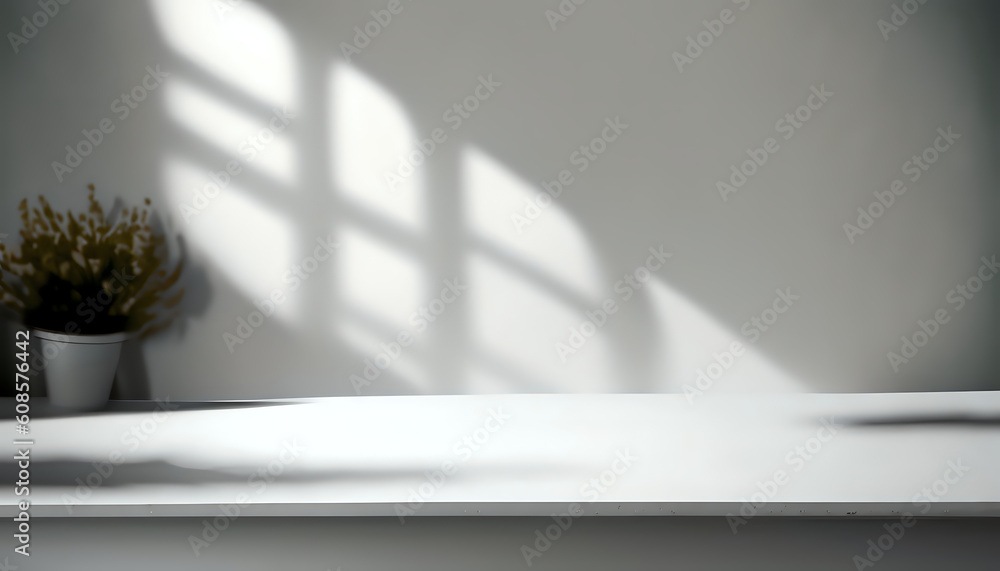 White desk , wall with shadows, wallpaper.,, AI generated White desk , wall with shadows, wallpaper.,, AI generated