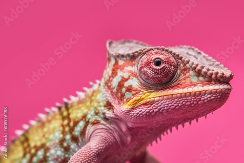 Chameleon on a pink background close-up  created with Generative AI technology.