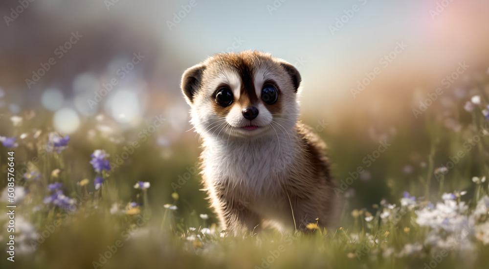 Funny kind meerkat in a field in the grass against the backdrop of the setting sun.Digital creative designer art.AI illustration Funny kind meerkat in a field in the grass against the backdrop of the setting sun.Digital creative designer art.AI illustration