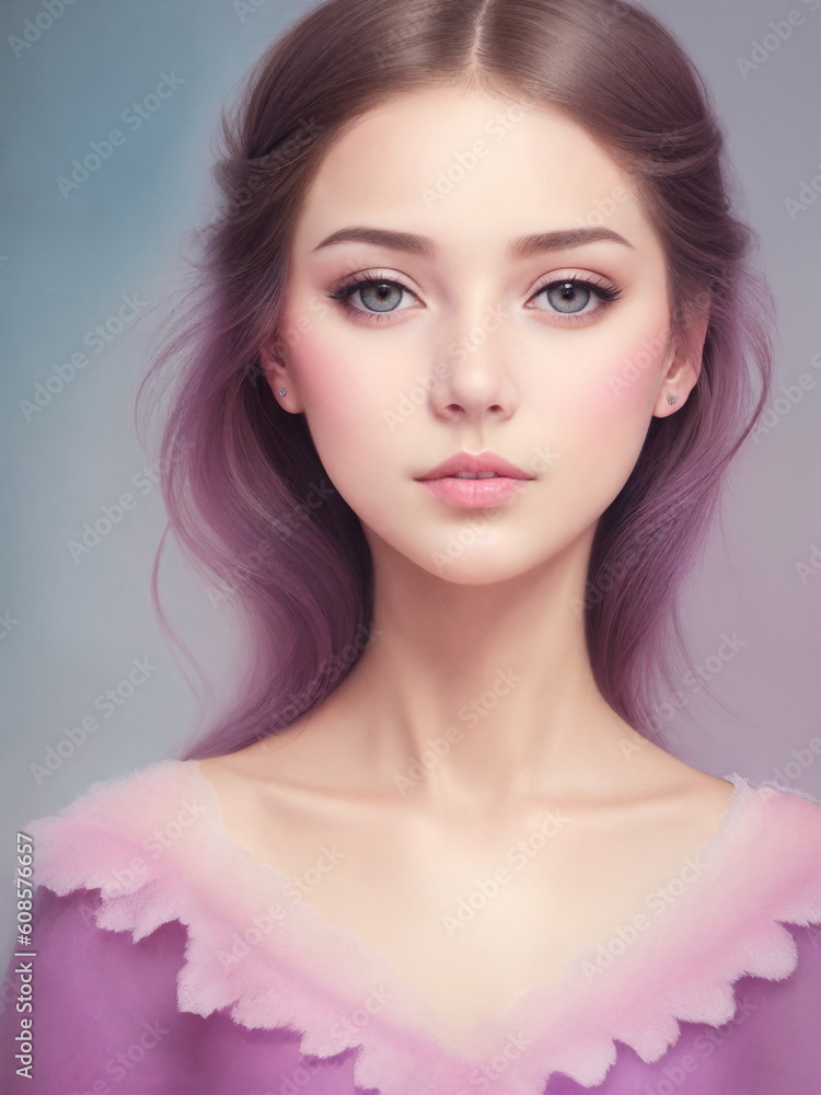 Portrait of a lovely young woman in pastel pink colors.Digital creative designer art.AI illustration Portrait of a lovely young woman in pastel pink colors.Digital creative designer art.AI illustration
