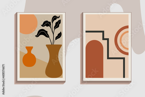 Abstract feminine posters. Boho contemporary wall art banners, hand drawn wallpapers interior decoration. Vector illustration