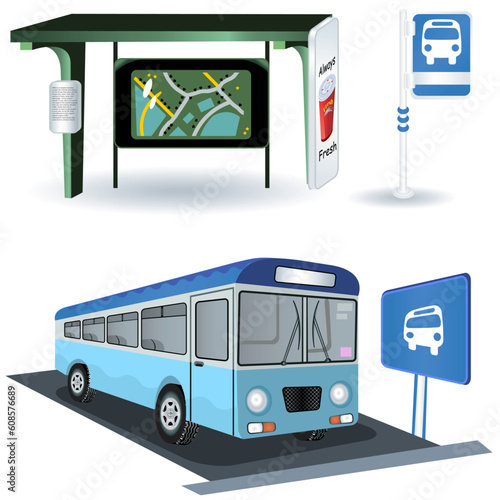 A collection of different bus station illustrations.
