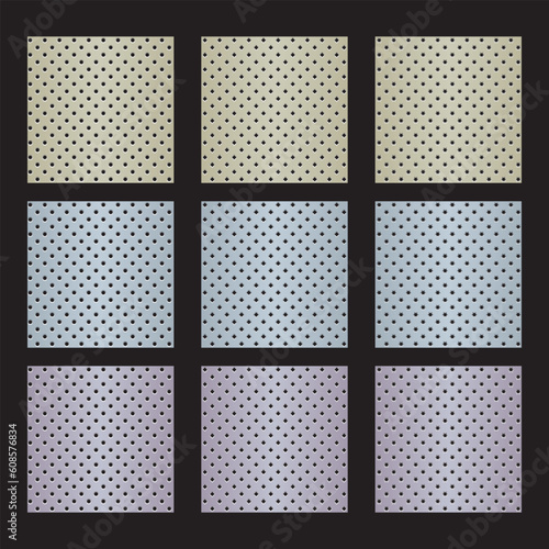 Nine seamless patterns: 3 colors, 3 shapes of holes in metal surface