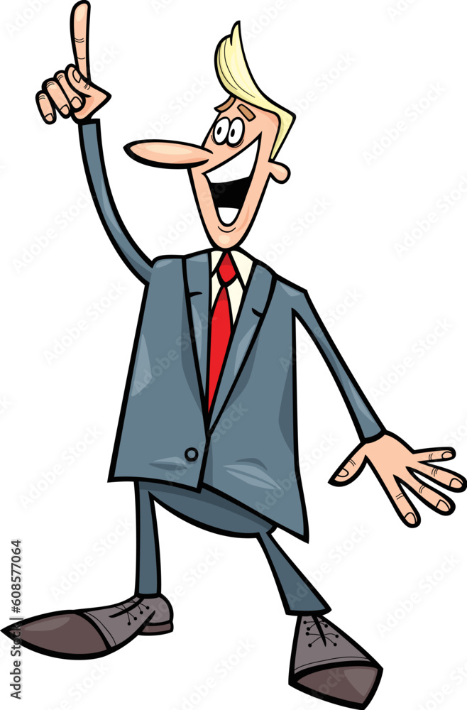 cartoon humorous illustration of young businessman with an idea