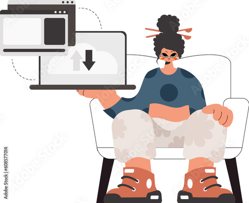 The energized lady is holding a tablet in which information is being synchronized. Kept. Trendy style, Vector Illustration