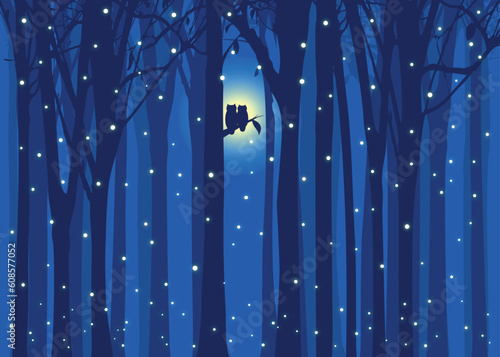Winter illustration love owl in snowing forest