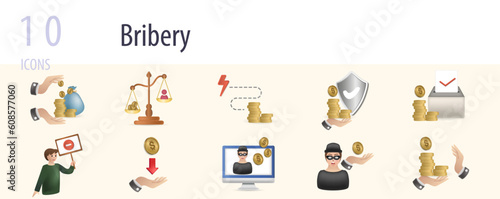 Bribery set. Creative icons: hungry money, unjust, provocation, resist, buy votes, protester, suborn, online crime, mercenary, refuse.