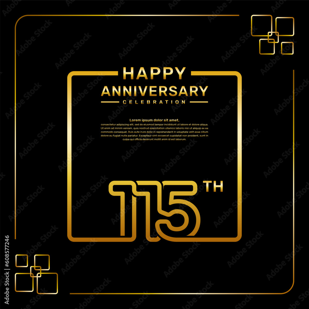 115 year anniversary celebration logo in golden color, square style, vector template illustration