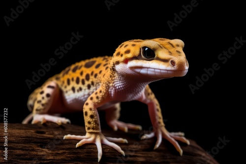 Leopard gecko lizard on wood with black background. Generative AI