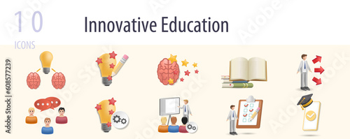 Innovative education set. Creative icons: brainstorming, creative process, creative thinking, open book, opportunity, group discussion, idea integration, adaptive teaching, aptitude test, education