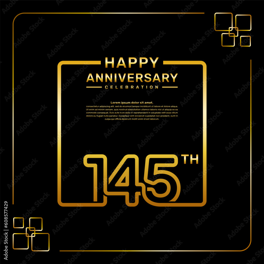 145 year anniversary celebration logo in golden color, square style, vector template illustration 145 year anniversary celebration logo in golden color, square style, vector template illustration