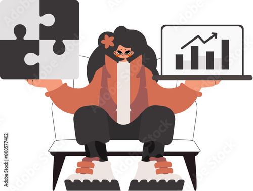 The affluent woman is holding a overpower and a positive advancement chart. Thought collect work. Kept. Trendy style, Vector Illustration