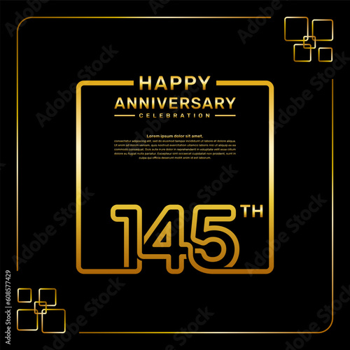 145 year anniversary celebration logo in golden color, square style, vector template illustration