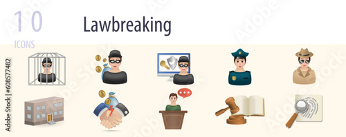 Lawbreaker set. Creative icons: prisoner, thief, hacker, police officer, detective, jail, corruption, witness, law, evidence.