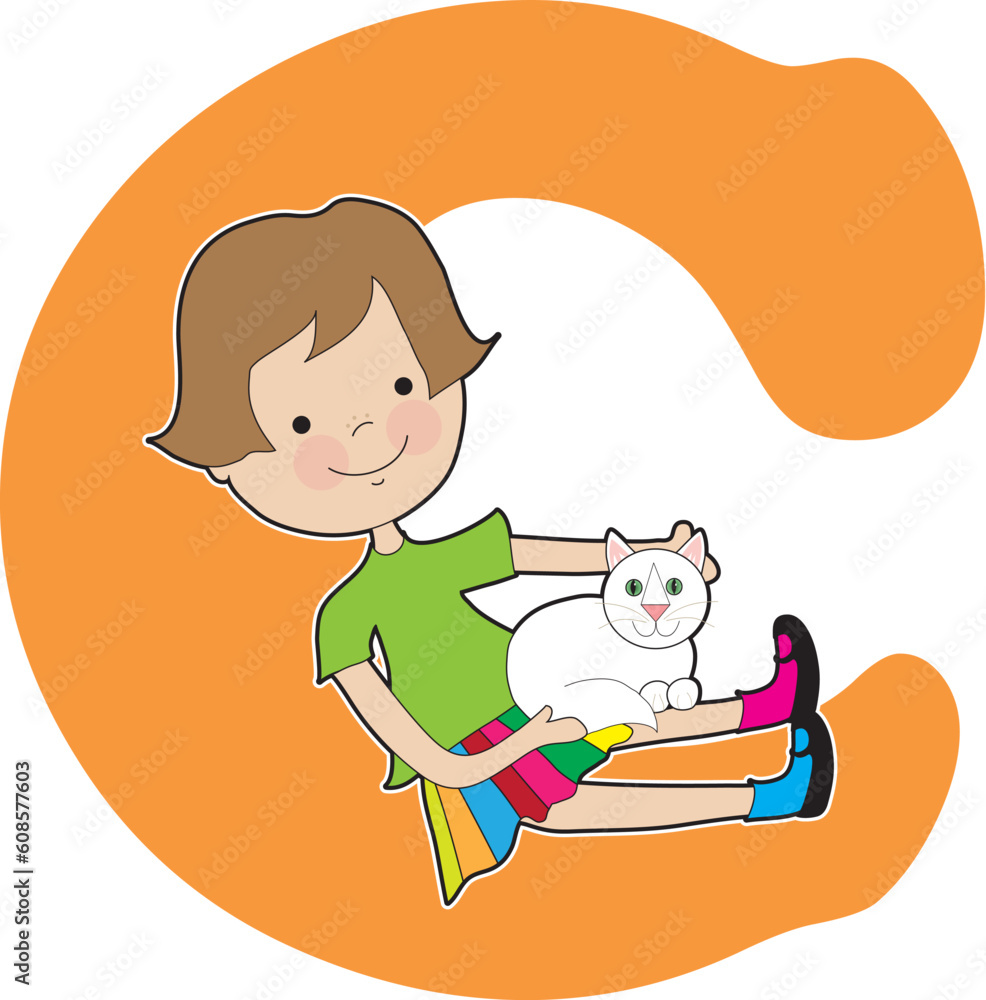 A young girl holding a cat to stand for the letter C A young girl holding a cat to stand for the letter C