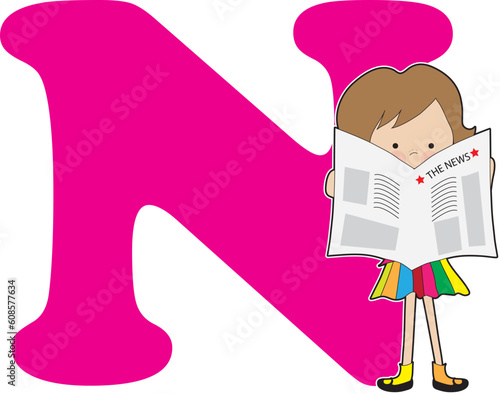 A young girl holding a newspaper to stand for the letter N