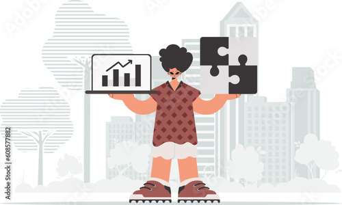 The individual is holding a bewilder and a positive progress chart. Thought gather work. Trendy style, Vector Illustration