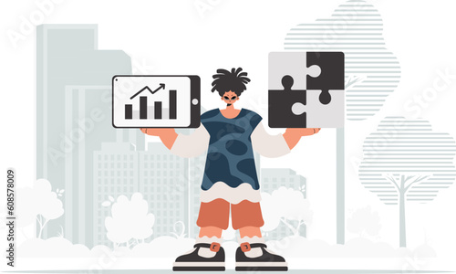 The individual is holding a trance and a positive enhancement chart. Thought collect work. Trendy style, Vector Illustration