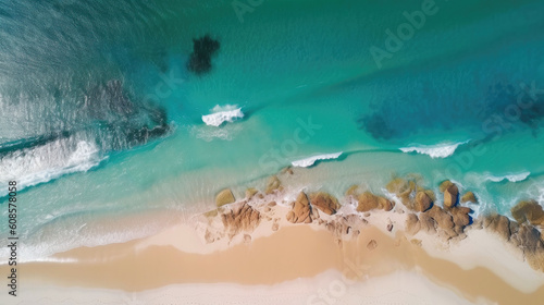 Drone view of empty sand beach with waves in ocean (Generative AI)