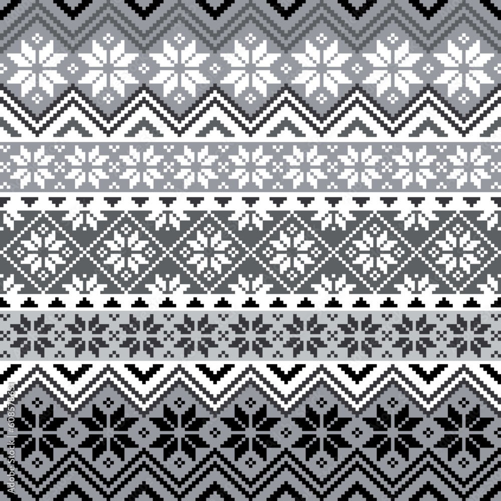 Nordic traditional pattern with snowflakes, white and grey design, full scalable vector graphic, all elements are grouped for easy editing Nordic traditional pattern with snowflakes, white and grey design, full scalable vector graphic, all elements are grouped for easy editing