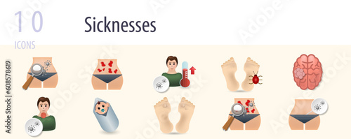 Sicknesses set. Creative icons: typhoid fever, urticaria, viral fever, tungiasis, tumor, tularemia, warkany syndrome, warts, yersiniosis, yeast infection.