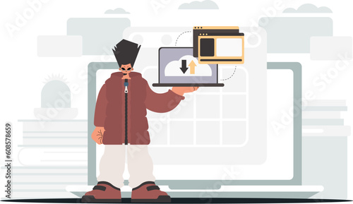 The fellow is holding a tablet, which is synchronized with the information capacity. Trendy style, Vector Illustration