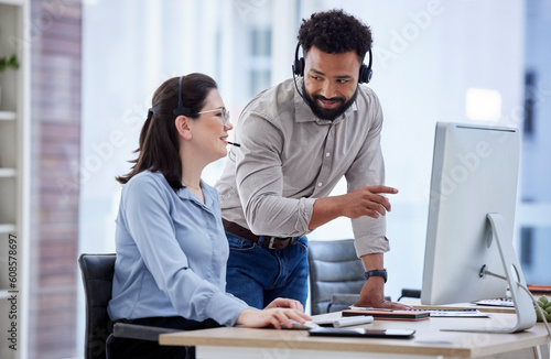 Call center, manager and woman with telemarketing, help and advice with conversation, explain system and computer. Happy man, supervisor and agent in a workplace, customer service and tech support