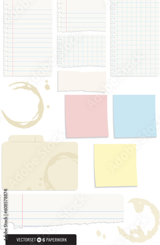 A selection of note paper, post-it notes and torn scraps of paper. All have vector shadows, no gradients used. Also includes coffee stains which can be placed on any image.
