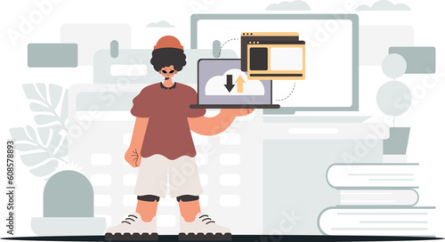 The person is holding a tablet, which is synchronized with the information capacity. Trendy style, Vector Illustration