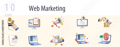 Web marketing set. Creative icons: pay per click, blog management, advertising, e-mail marketing, sponsored ad, sms marketing, article writing, live event, website, target.