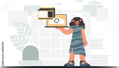 The young lady is holding a tablet, which is synchronized with the information capacity. Trendy style, Vector Illustration