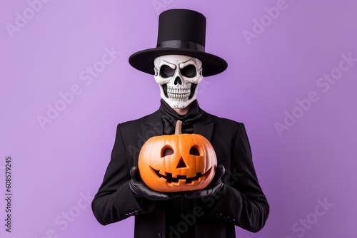 Man in Halloween costume: Skeleton in black cloak .Generative AI