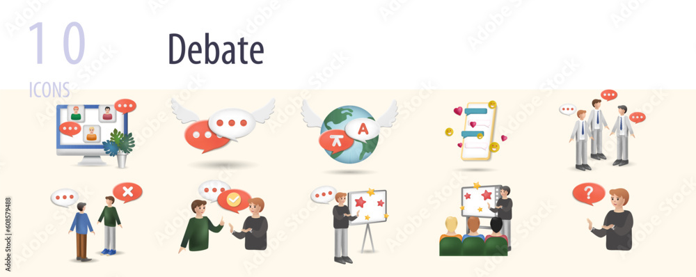 Debate set. Creative icons: online meeting, talk, translate, chat, group discussion, disagree, agree, presentation, conference, question. Debate set. Creative icons: online meeting, talk, translate, chat, group discussion, disagree, agree, presentation, conference, question.