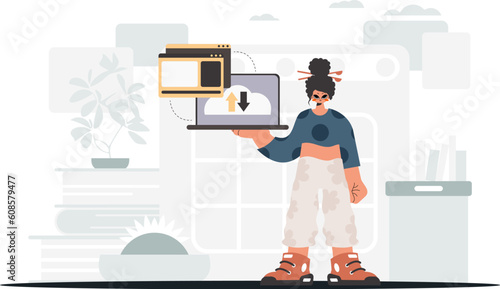 The energized woman is holding a tablet, which is synchronized with the data capacity. Trendy style, Vector Illustration