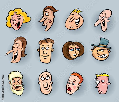 cartoon illustration of funny people faces set