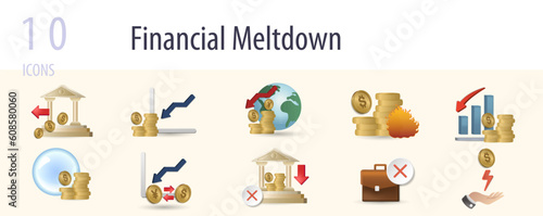 Financial meltdown set. Creative icons: bank run, stock market crash, currency crisis, inflation, recession, economic bubble, exchange rate fall, bankruptcy, unemployment.