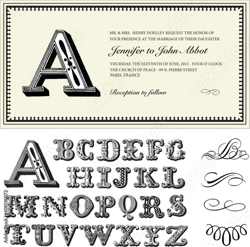 Vector Drop Cap Invitation Template. Easy to edit. Perfect for invitations or announcements. Includes full vector alphabet