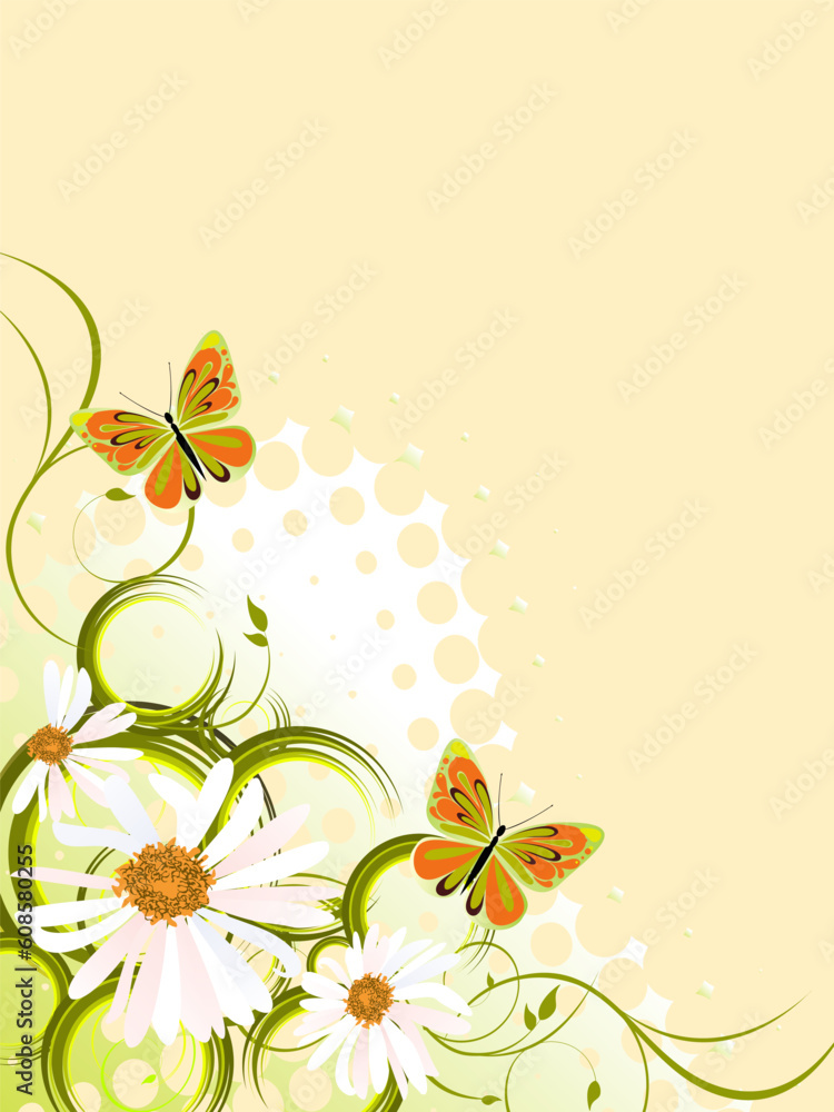 vector illustration of colorful floral elements, flowers and butterflies