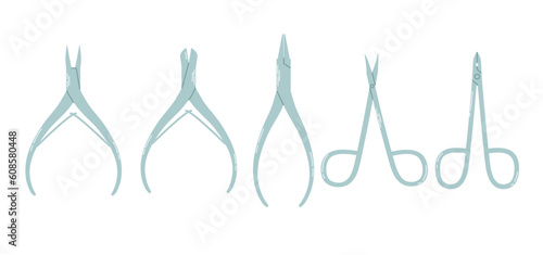Set different scissors and tweezers for nail treatments. Design products for manicure and pedicure in colorful flat vector illustration.