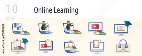 Online learning set. Creative icons: distance learning, webinar, online coaching, video lesson, online course, study program, video tutorial, digital library, online test, audio book.