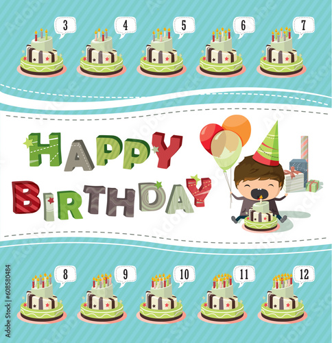 A birthday card with a boy holding balloons and trying to blow out the candle