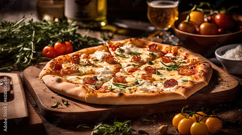Φωτογραφία Homemade Baked Margherita or White Pizza with Bacon, Veggie on Wooden Cutting Board for Fast Food Ready To Eat Concept, Food Photography