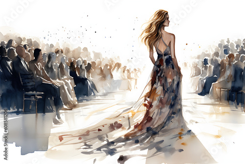 Watercolor design of a beautiful model at a fashion show - Generative AI