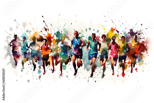 Watercolor design of many marathon runner - Generative AI photo