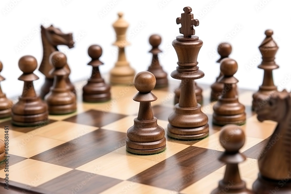 Schachspiel isoliert auf weißem Hintergrund, hölzernes Schachbrett und Schachfiguren auf einem Brett, Generiert mit KI Schachspiel isoliert auf weißem Hintergrund, hölzernes Schachbrett und Schachfiguren auf einem Brett, Generiert mit KI