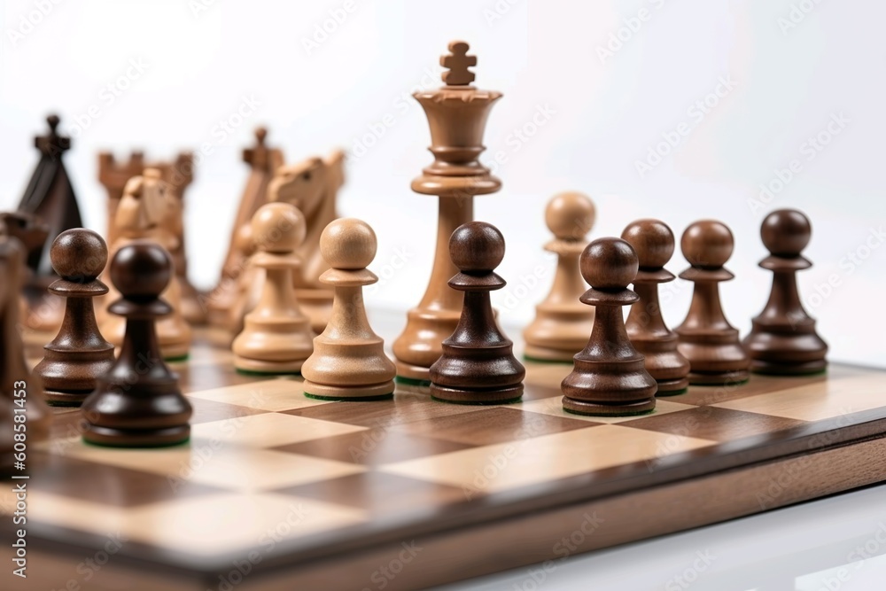 Schachspiel isoliert auf weißem Hintergrund, hölzernes Schachbrett und Schachfiguren auf einem Brett, Generiert mit KI Schachspiel isoliert auf weißem Hintergrund, hölzernes Schachbrett und Schachfiguren auf einem Brett, Generiert mit KI