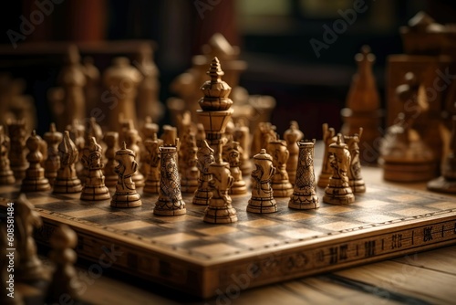 Schachspiel, hölzernes Schachbrett und Schachfiguren auf einem Brett, Generiert mit KI 
