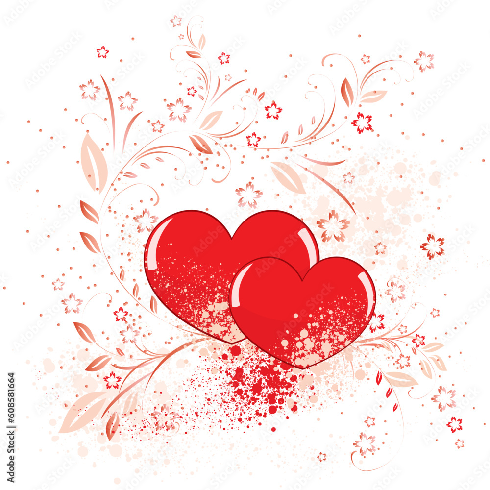 Two hearts on a background of flowers. white background